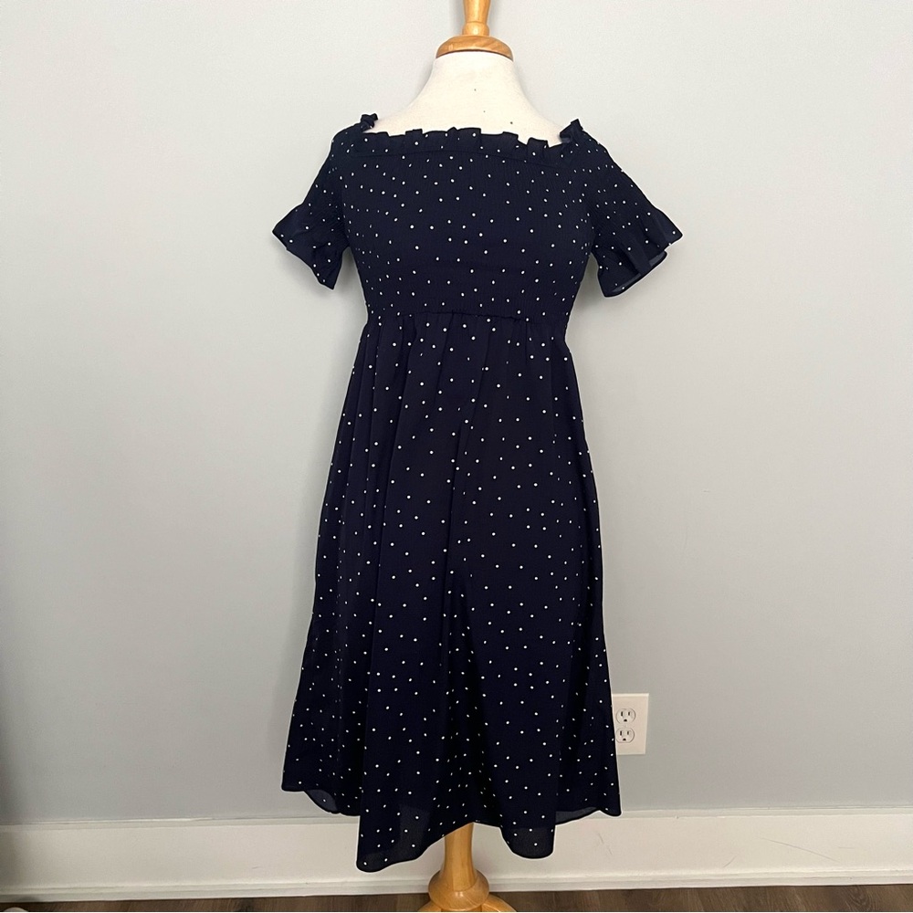 Vine & Love Navy Blue White Polka Dot Stretchy Short Sleeve Dress Sizs S